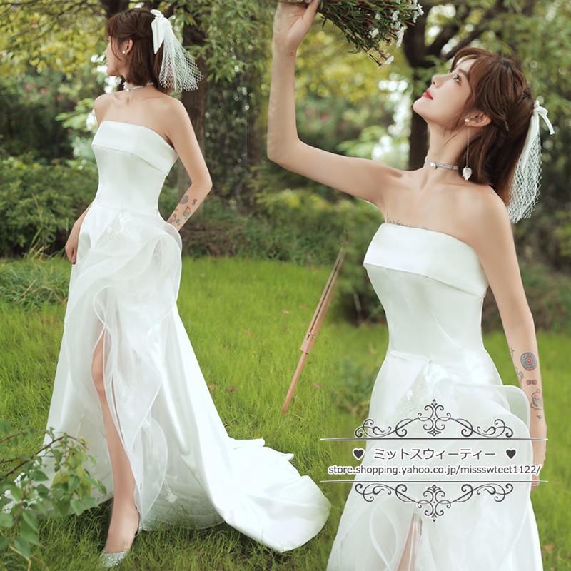 ウェディングドレス 二次会 結婚式 白 赤 ブライダル ファスナー スリット ベアトップ ビスチェ 前撮り 海外挙式 花嫁 リゾート ウエディングドレス パーティー