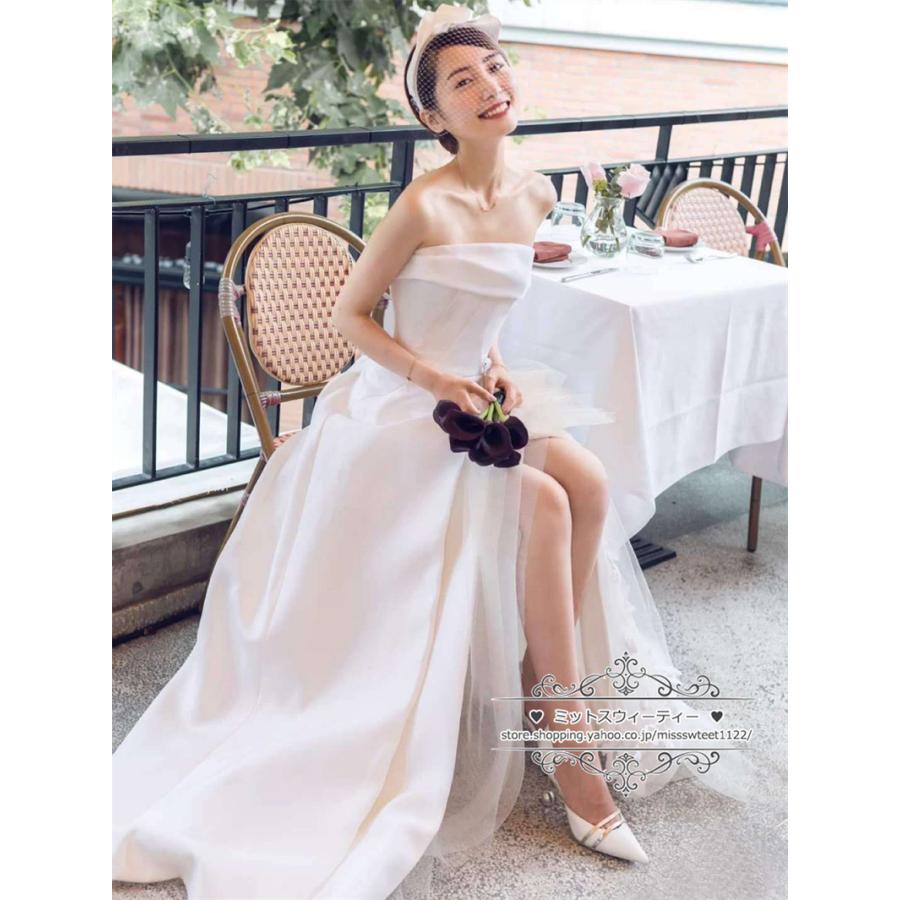 ウェディングドレス 二次会 結婚式 白 赤 ブライダル ファスナー スリット ベアトップ ビスチェ 前撮り 海外挙式 花嫁 リゾート ウエディングドレス パーティー