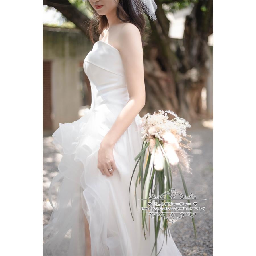 ウェディングドレス 二次会 結婚式 白 赤 ブライダル ファスナー スリット ベアトップ ビスチェ 前撮り 海外挙式 花嫁 リゾート ウエディングドレス パーティー