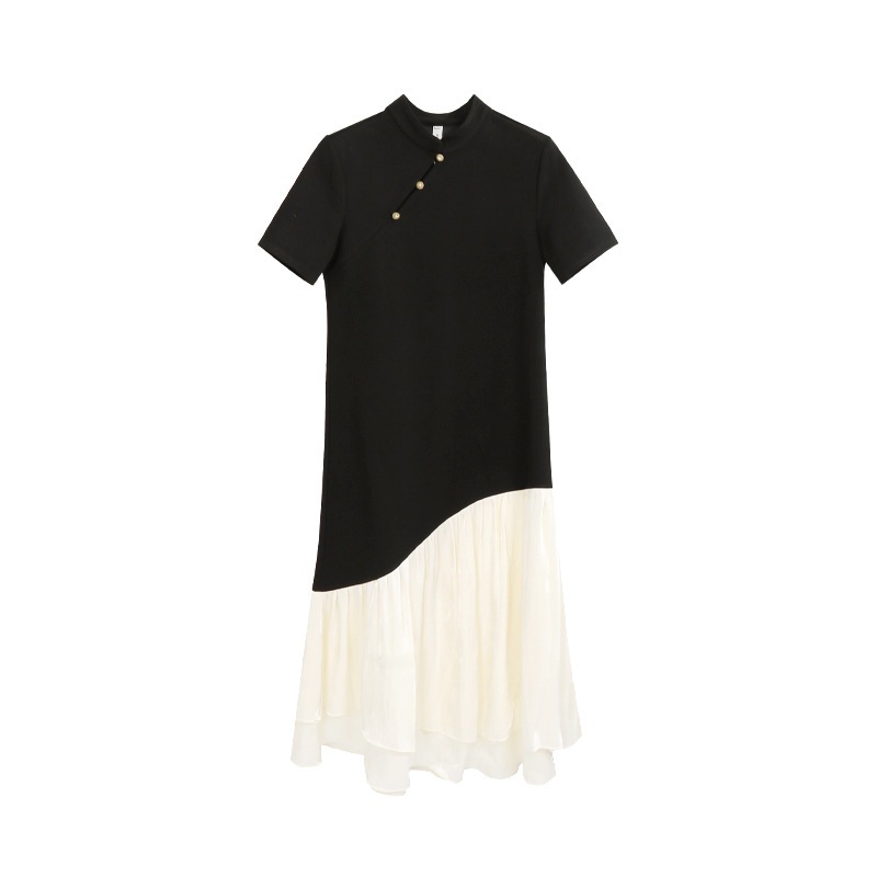 Aixili 2024 夏レトロ新中国風スタンドカラーコントラストカラーボタンスプライシングニットドレス 11029 Aixili 2024 夏レトロ新中国風スタンドカラーコントラストカラーボタンスプライシングニットドレス 11029