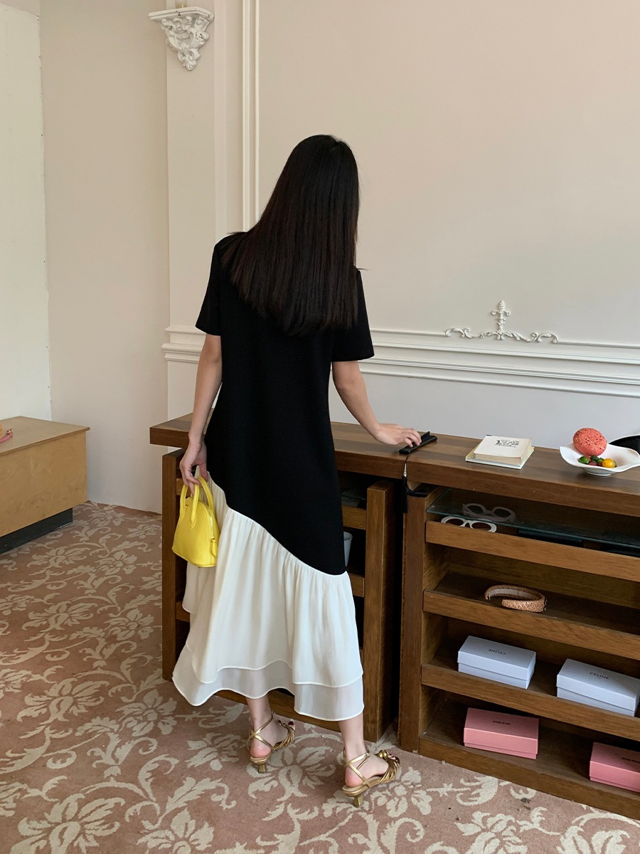 Aixili 2024 夏レトロ新中国風スタンドカラーコントラストカラーボタンスプライシングニットドレス 11029 Aixili 2024 夏レトロ新中国風スタンドカラーコントラストカラーボタンスプライシングニットドレス 11029