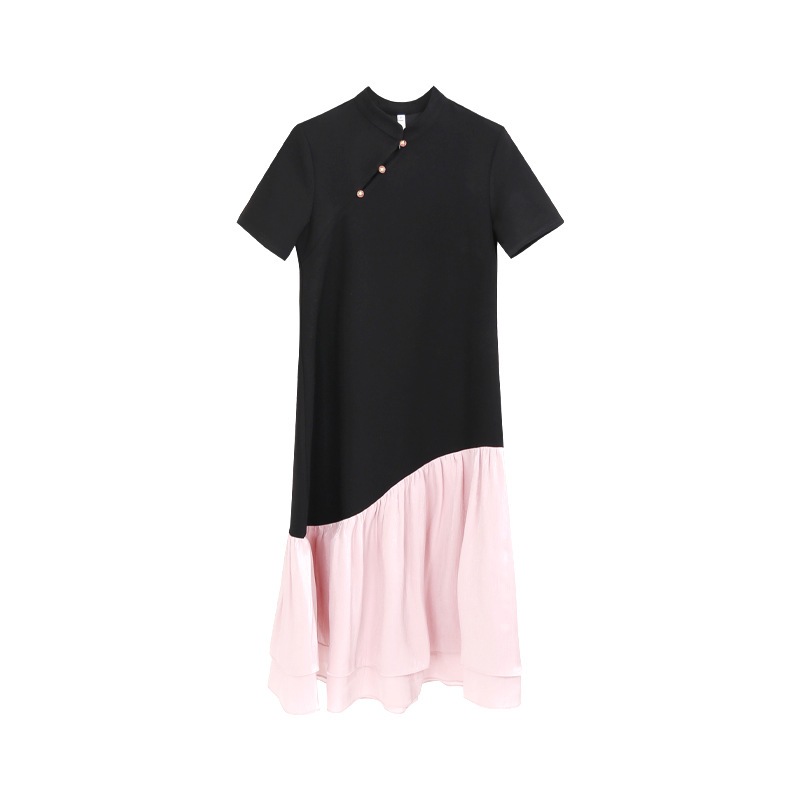 Aixili 2024 夏レトロ新中国風スタンドカラーコントラストカラーボタンスプライシングニットドレス 11029 Aixili 2024 夏レトロ新中国風スタンドカラーコントラストカラーボタンスプライシングニットドレス 11029