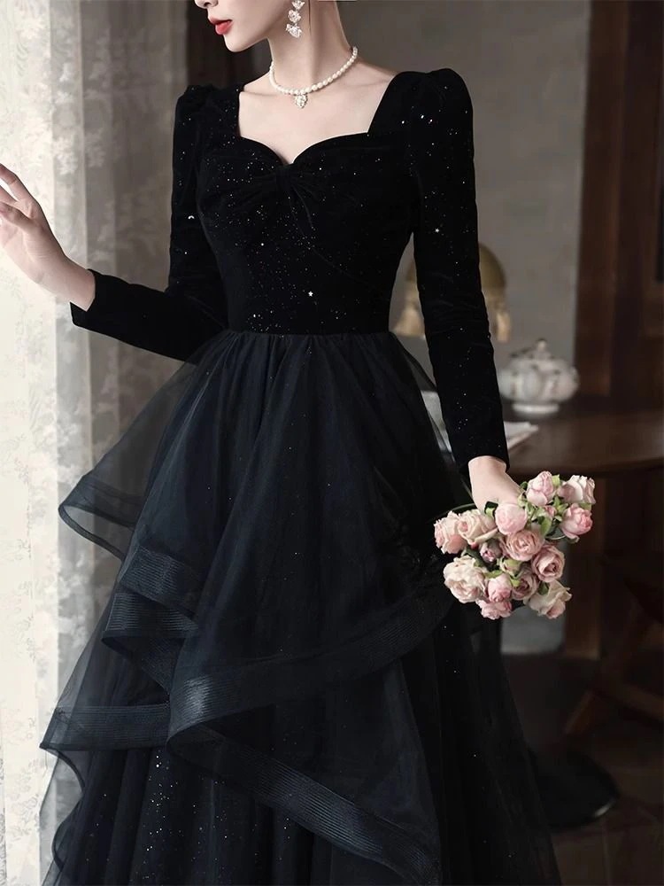 黒のイブニングドレスエレガントな宴会長袖ベルベットホスト 黒のイブニングドレスエレガントな宴会長袖ベルベットホスト