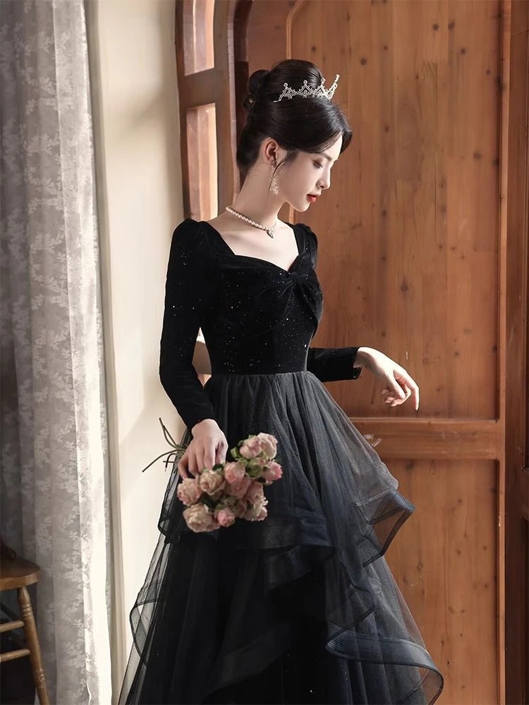 黒のイブニングドレスエレガントな宴会長袖ベルベットホスト 黒のイブニングドレスエレガントな宴会長袖ベルベットホスト