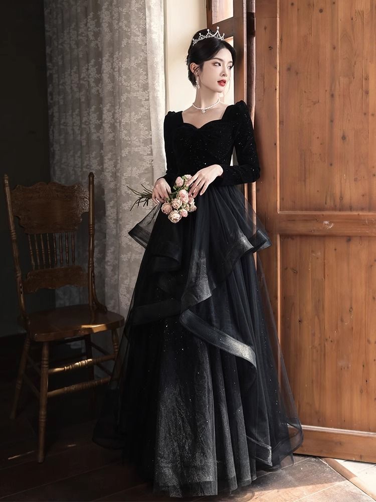 黒のイブニングドレスエレガントな宴会長袖ベルベットホスト 黒のイブニングドレスエレガントな宴会長袖ベルベットホスト