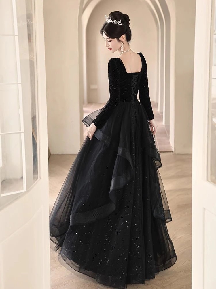 黒のイブニングドレスエレガントな宴会長袖ベルベットホスト 黒のイブニングドレスエレガントな宴会長袖ベルベットホスト