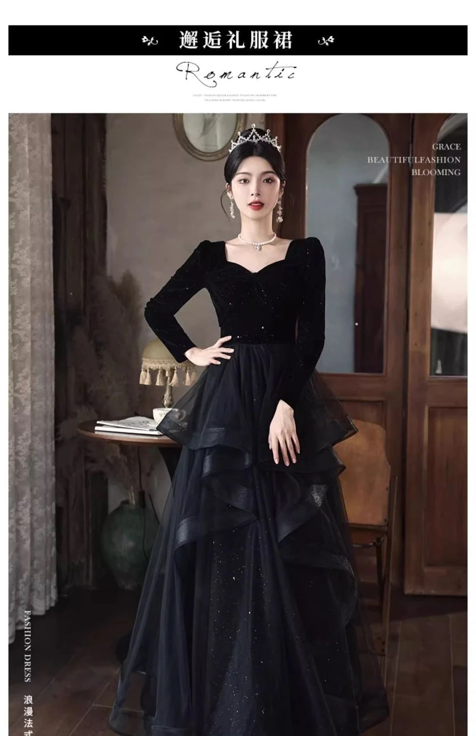 黒のイブニングドレスエレガントな宴会長袖ベルベットホスト 黒のイブニングドレスエレガントな宴会長袖ベルベットホスト