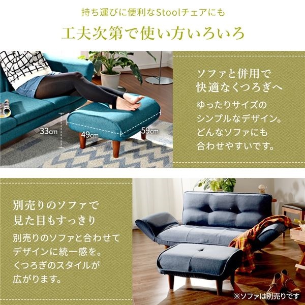 国産ポケットコイル入り コンパクト リクライニング ローソファcoroliブルー_タスク生地オットマン 国産ポケットコイル入り コンパクト リクライニング ローソファcoroliブルー_タスク生地オットマン