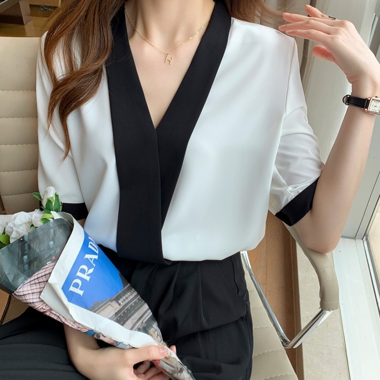 シャツ トップス カシュクールノーカラーシャツ レディース Vネックシャツ シフォンシャツ 半袖 バイカラーシャツ ブラウス ノーカラー 無地 白 ホワイト シャツ トップス カシュクールノーカラーシャツ レディース Vネックシャツ シフォンシャツ 半袖 バイカラーシャツ ブラウス ノーカラー 無地 白 ホワイト