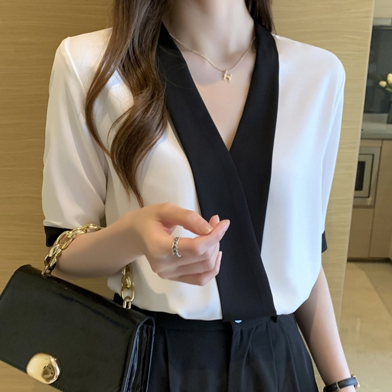 シャツ トップス カシュクールノーカラーシャツ レディース Vネックシャツ シフォンシャツ 半袖 バイカラーシャツ ブラウス ノーカラー 無地 白 ホワイト シャツ トップス カシュクールノーカラーシャツ レディース Vネックシャツ シフォンシャツ 半袖 バイカラーシャツ ブラウス ノーカラー 無地 白 ホワイト
