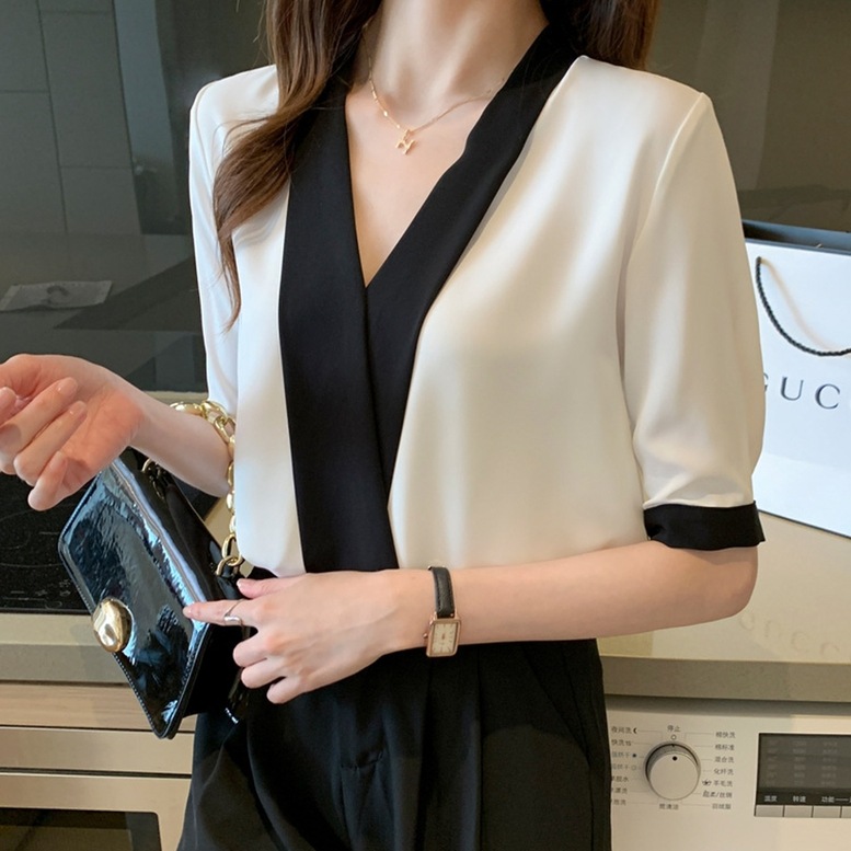 シャツ トップス カシュクールノーカラーシャツ レディース Vネックシャツ シフォンシャツ 半袖 バイカラーシャツ ブラウス ノーカラー 無地 白 ホワイト シャツ トップス カシュクールノーカラーシャツ レディース Vネックシャツ シフォンシャツ 半袖 バイカラーシャツ ブラウス ノーカラー 無地 白 ホワイト
