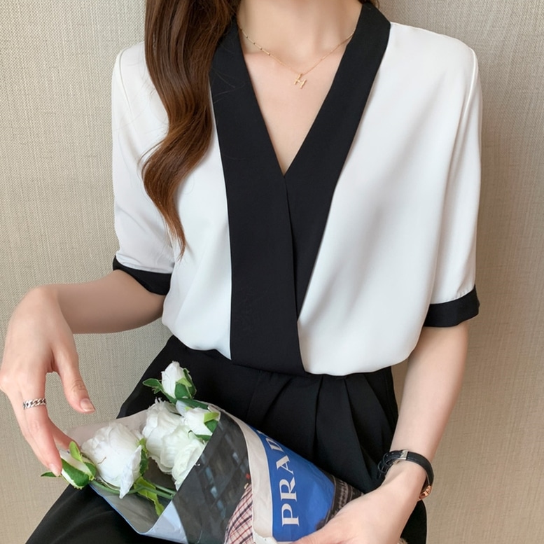 シャツ トップス カシュクールノーカラーシャツ レディース Vネックシャツ シフォンシャツ 半袖 バイカラーシャツ ブラウス ノーカラー 無地 白 ホワイト シャツ トップス カシュクールノーカラーシャツ レディース Vネックシャツ シフォンシャツ 半袖 バイカラーシャツ ブラウス ノーカラー 無地 白 ホワイト