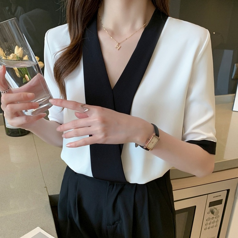 シャツ トップス カシュクールノーカラーシャツ レディース Vネックシャツ シフォンシャツ 半袖 バイカラーシャツ ブラウス ノーカラー 無地 白 ホワイト シャツ トップス カシュクールノーカラーシャツ レディース Vネックシャツ シフォンシャツ 半袖 バイカラーシャツ ブラウス ノーカラー 無地 白 ホワイト