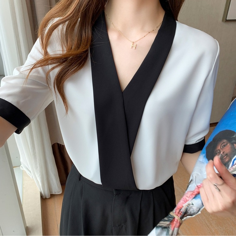 シャツ トップス カシュクールノーカラーシャツ レディース Vネックシャツ シフォンシャツ 半袖 バイカラーシャツ ブラウス ノーカラー 無地 白 ホワイト シャツ トップス カシュクールノーカラーシャツ レディース Vネックシャツ シフォンシャツ 半袖 バイカラーシャツ ブラウス ノーカラー 無地 白 ホワイト