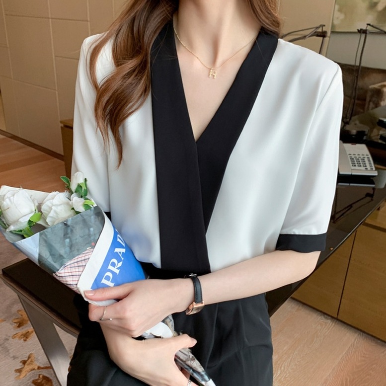 シャツ トップス カシュクールノーカラーシャツ レディース Vネックシャツ シフォンシャツ 半袖 バイカラーシャツ ブラウス ノーカラー 無地 白 ホワイト シャツ トップス カシュクールノーカラーシャツ レディース Vネックシャツ シフォンシャツ 半袖 バイカラーシャツ ブラウス ノーカラー 無地 白 ホワイト