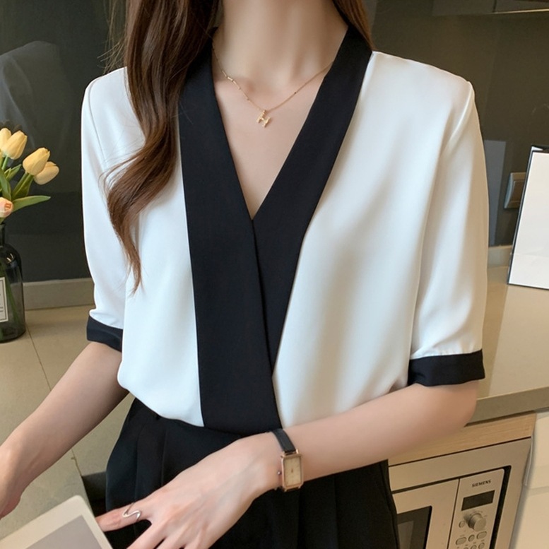シャツ トップス カシュクールノーカラーシャツ レディース Vネックシャツ シフォンシャツ 半袖 バイカラーシャツ ブラウス ノーカラー 無地 白 ホワイト シャツ トップス カシュクールノーカラーシャツ レディース Vネックシャツ シフォンシャツ 半袖 バイカラーシャツ ブラウス ノーカラー 無地 白 ホワイト