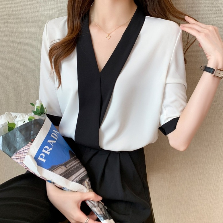 シャツ トップス カシュクールノーカラーシャツ レディース Vネックシャツ シフォンシャツ 半袖 バイカラーシャツ ブラウス ノーカラー 無地 白 ホワイト シャツ トップス カシュクールノーカラーシャツ レディース Vネックシャツ シフォンシャツ 半袖 バイカラーシャツ ブラウス ノーカラー 無地 白 ホワイト