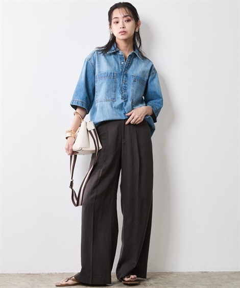 ロングパンツ レーヨン麻タックワイドパンツ 大きいサイズ有 シックスタイル