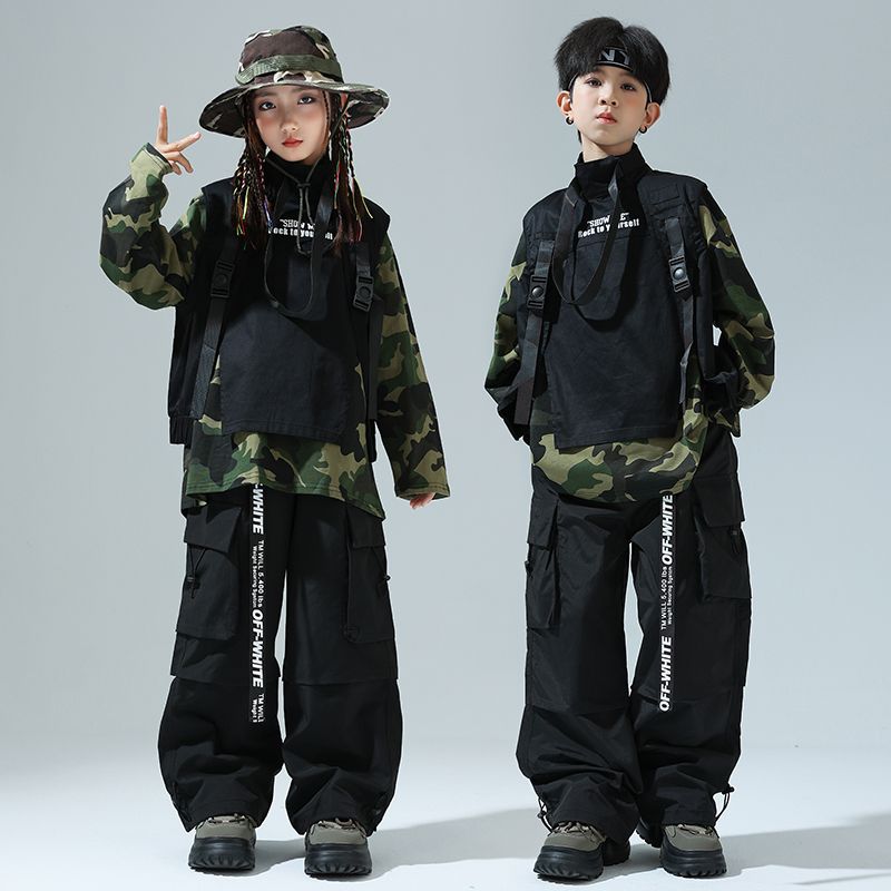 ストリートダンス少服ヒップホップ迷彩tシャツ女の子ジャズダンス工装ズボンセット男の子Bboy表演出服1572 ストリートダンス少服ヒップホップ迷彩tシャツ女の子ジャズダンス工装ズボンセット男の子Bboy表演出服1572