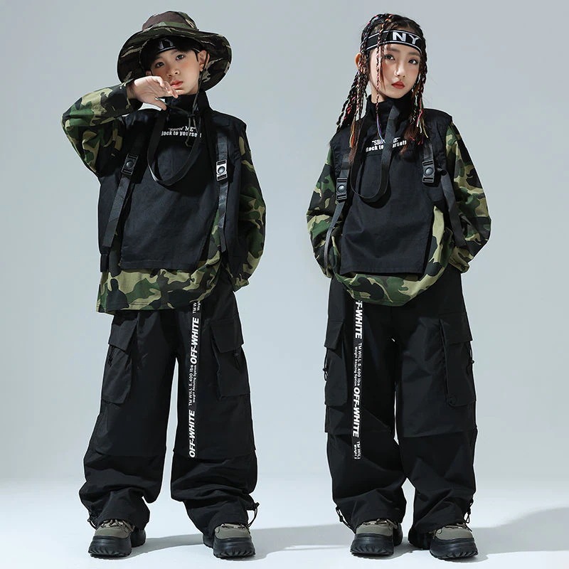 ストリートダンス少服ヒップホップ迷彩tシャツ女の子ジャズダンス工装ズボンセット男の子Bboy表演出服1572 ストリートダンス少服ヒップホップ迷彩tシャツ女の子ジャズダンス工装ズボンセット男の子Bboy表演出服1572