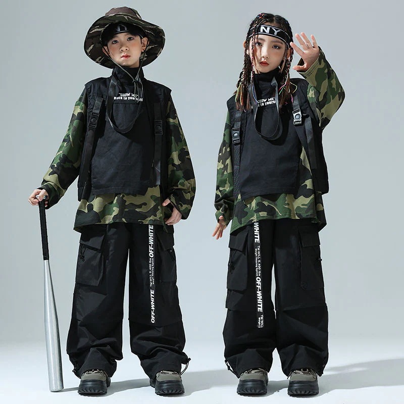 ストリートダンス少服ヒップホップ迷彩tシャツ女の子ジャズダンス工装ズボンセット男の子Bboy表演出服1572 ストリートダンス少服ヒップホップ迷彩tシャツ女の子ジャズダンス工装ズボンセット男の子Bboy表演出服1572