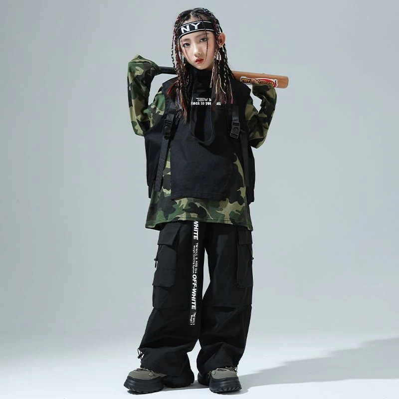 ストリートダンス少服ヒップホップ迷彩tシャツ女の子ジャズダンス工装ズボンセット男の子Bboy表演出服1572 ストリートダンス少服ヒップホップ迷彩tシャツ女の子ジャズダンス工装ズボンセット男の子Bboy表演出服1572