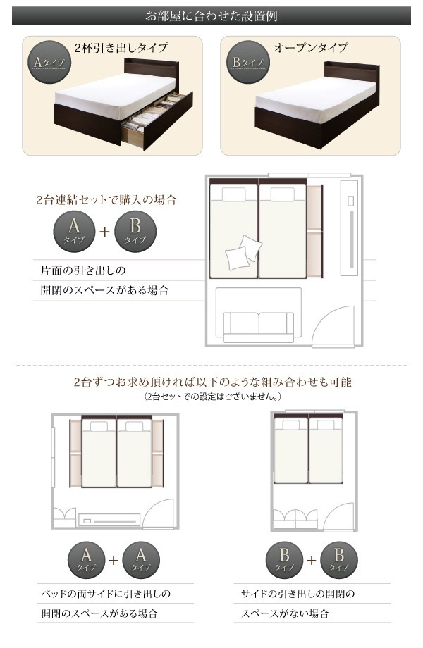 連結 棚付 収納ベッド [エルネスティ] すのこ仕様 [スタンダードボンネルコイルマットレス付] B（S）+A（SD）タイプ ワイドK220 [フレーム色]ダークブラウン