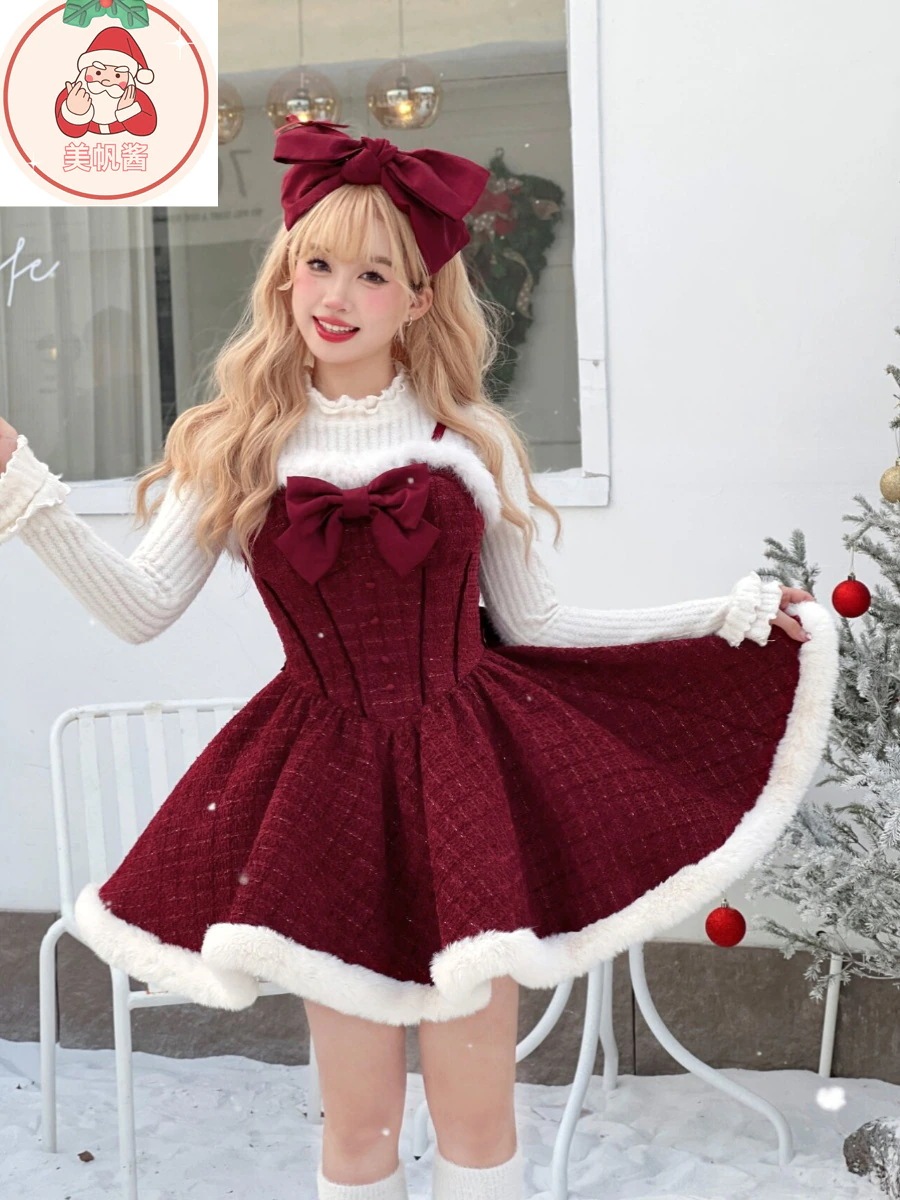 サンタコス クリスマス セット ロリータ レッド 蝶ネクタイ ポンチョ ジャケット キャミソールドレス サンタコス クリスマス セット ロリータ レッド 蝶ネクタイ ポンチョ ジャケット キャミソールドレス