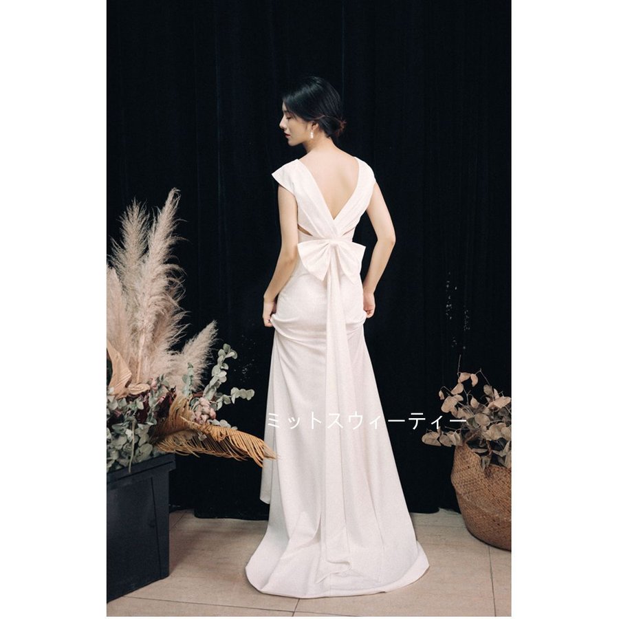 ウエディングドレス Aラインドレス ロング丈 結婚式 リボン 花嫁 シンプル 披露宴 前撮り ブライダル サテン パーティードレス フォトウェディング エレガンス ウエディングドレス Aラインドレス ロング丈 結婚式 リボン 花嫁