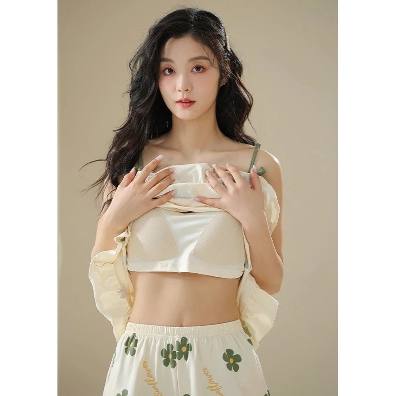 パジャマ キャミソール ウェア 2点セット ゆったり 胸当て付き 韓国 セット部屋着
