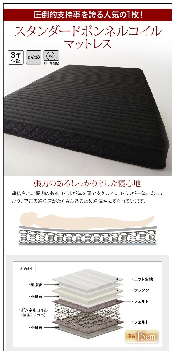 [組立設置付]棚/コンセント付 フロアベッド [ヴェーヒル] スタンダードボンネルコイルマットレス付 ダブル ホワイト [マットレス]白