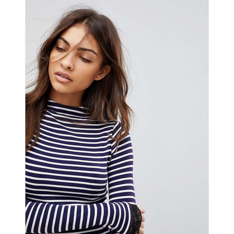 エイソス レディース トップス【ASOS High Neck Polo in Stripe with Lace Trim】White/navy エイソス レディース トップス【ASOS High Neck Polo in Stripe with Lace Trim】White/navy