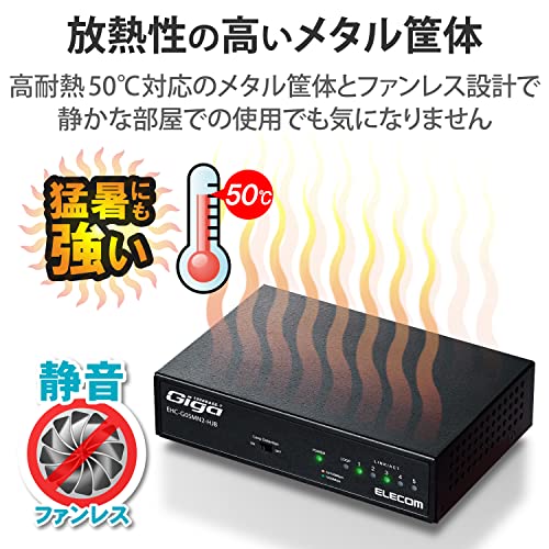 エレコム スイッチングハブ ギガビット 5ポート 金属筐体 マグネット付 電源内蔵 ブラック EHC-G05MN2-HJB