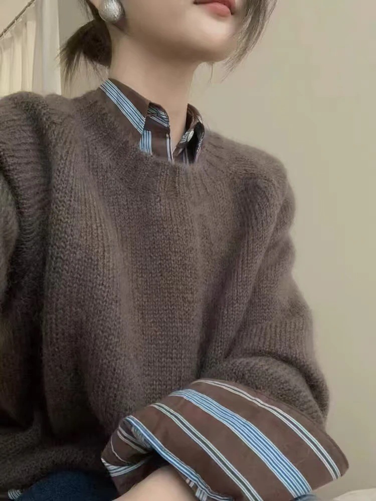 100％純粋なウールのセーターの女性はMerad色のラウンドネックのジャンパーの女性はプルオーバー怠惰な風の柔らかいカシミヤの服を編んだ厚くした