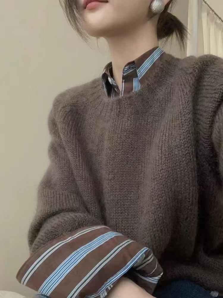 100％純粋なウールのセーターの女性はMerad色のラウンドネックのジャンパーの女性はプルオーバー怠惰な風の柔らかいカシミヤの服を編んだ厚くした