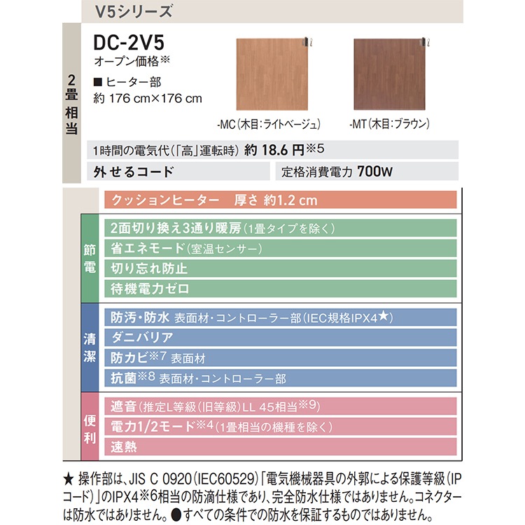 電気カーペット 畳数2畳相当 ヒーター一体型 室温センサー 遮音設計 速熱 切り忘れ防止 抗菌 防カビ DC-2V5-MT