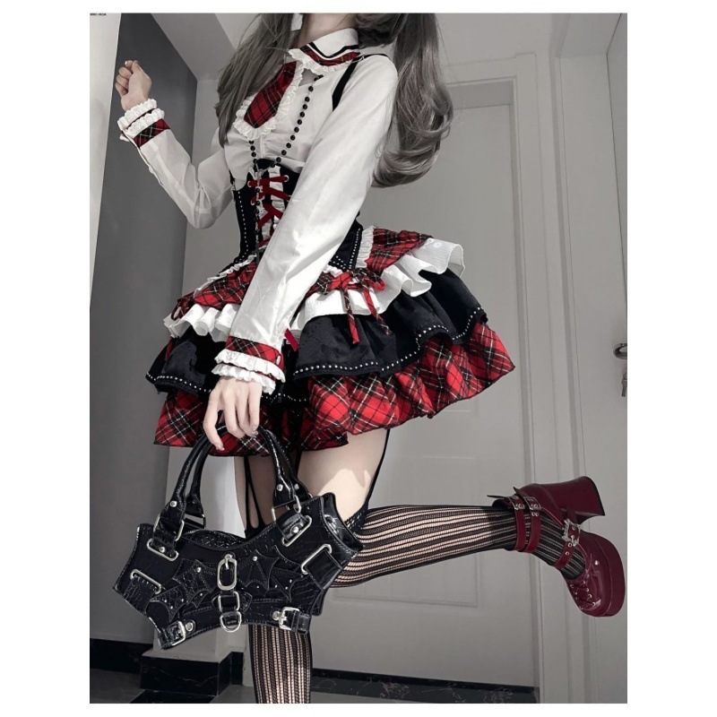 2024 春 ワンピース アメリカンハロウィンサブカルチャー祭ぶつかり色シャツウエストストラップハイウエストポンポンスカート枚セットロリータ 結婚式 ドレス パーティードレス お呼ばれ 披露宴