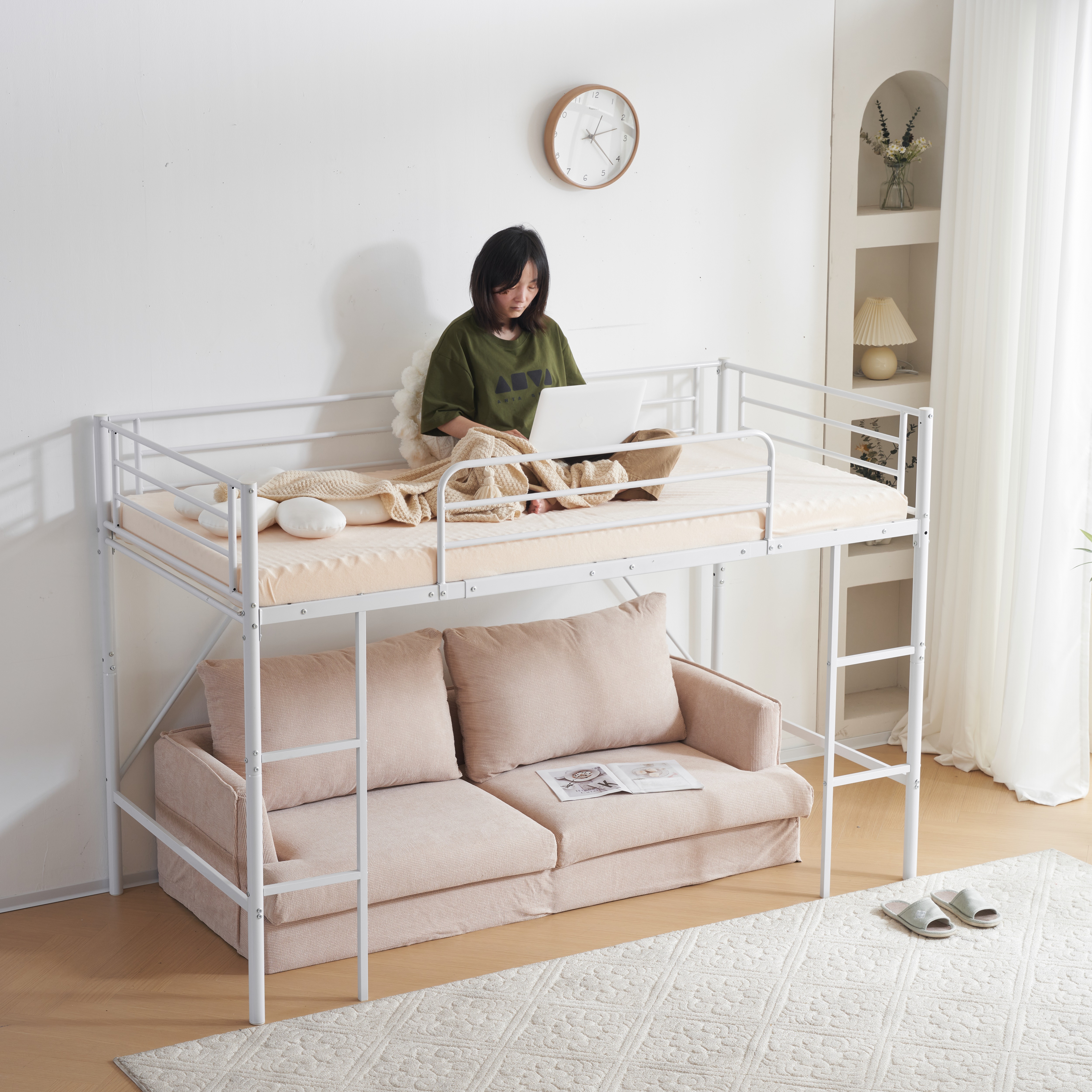 【新作】【ホワイト】ロフトベッド パイプベッド シングル ベッド デスク付 シングルベッド 木 収納 北欧風 子供部屋 スチール 耐震 ベッド 新作 【新作】【ホワイト】ロフトベッド パイプベッド シングル ベッド デスク付 シングルベッド 木 収納 北欧風 子供部屋 スチール 耐震 ベッド 新作