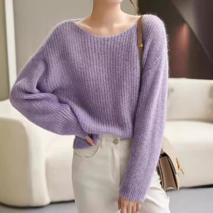 トップス ニット セーター カットソー Tシャツ ローゲージ レディース エレガント 大人 可愛い きれいめ カジュアル フェミニン 長袖 ボートネック プルオーバー ブルー 青 パープル グリーン