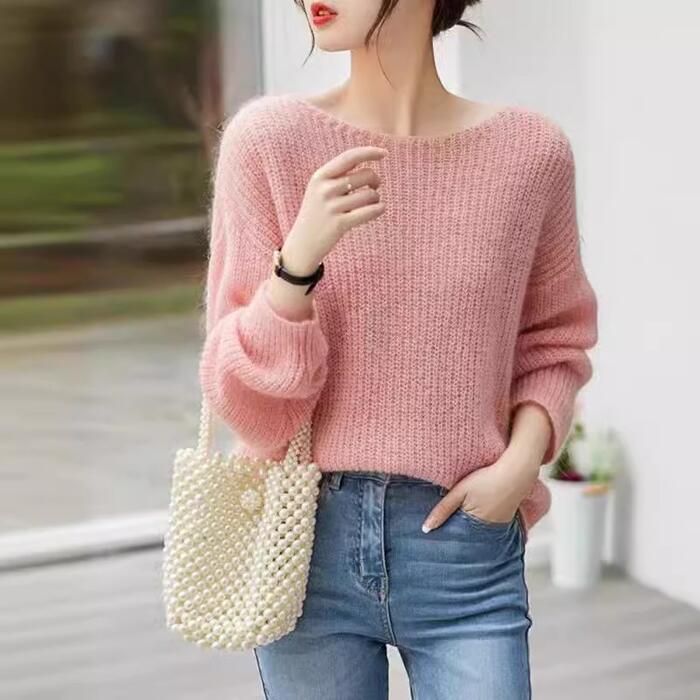 トップス ニット セーター カットソー Tシャツ ローゲージ レディース エレガント 大人 可愛い きれいめ カジュアル フェミニン 長袖 ボートネック プルオーバー ブルー 青 パープル グリーン