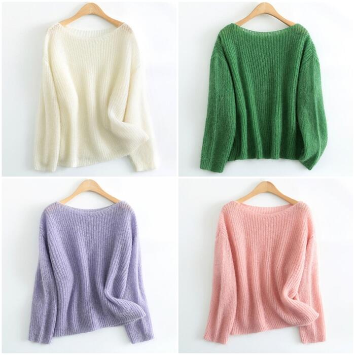 トップス ニット セーター カットソー Tシャツ ローゲージ レディース エレガント 大人 可愛い きれいめ カジュアル フェミニン 長袖 ボートネック プルオーバー ブルー 青 パープル グリーン