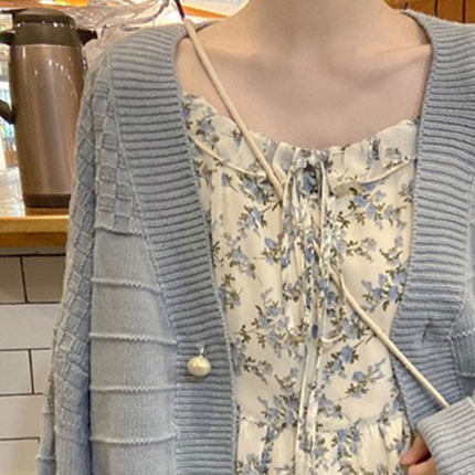 【送料無料】レディース セット ワンピース カーディガン フラワー 長袖 リボン パールボタン 【送料無料】レディース セット ワンピース カーディガン フラワー 長袖 リボン パールボタン