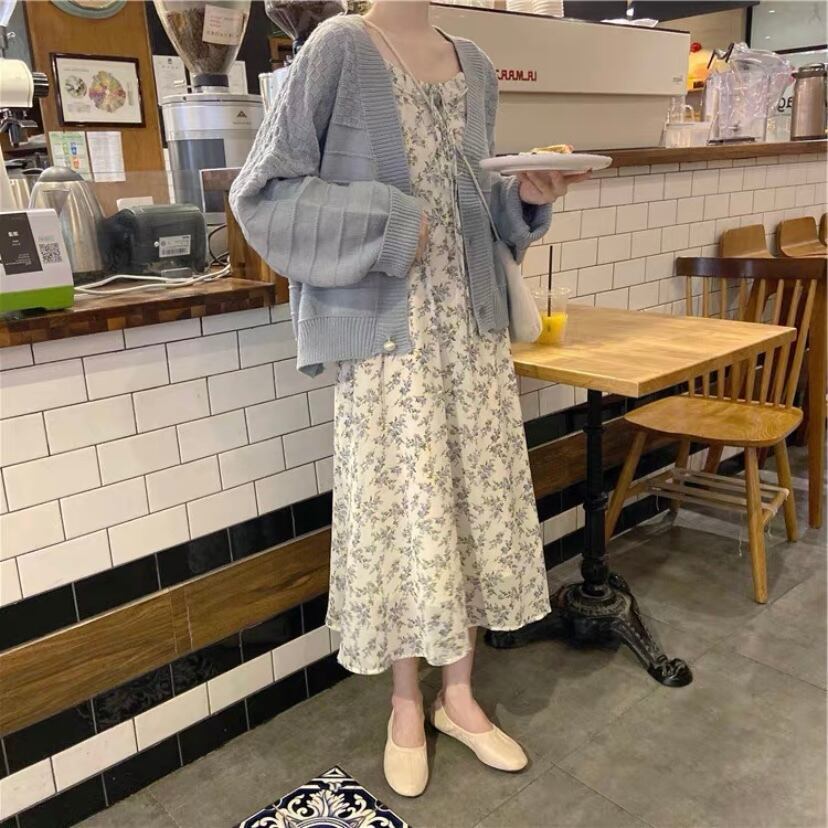 【送料無料】レディース セット ワンピース カーディガン フラワー 長袖 リボン パールボタン 【送料無料】レディース セット ワンピース カーディガン フラワー 長袖 リボン パールボタン