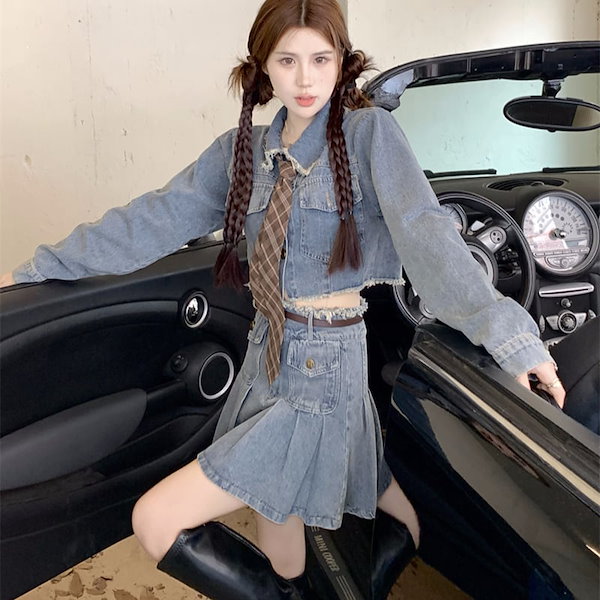 Qoo10] デニムジャケットプリーツスカート セット