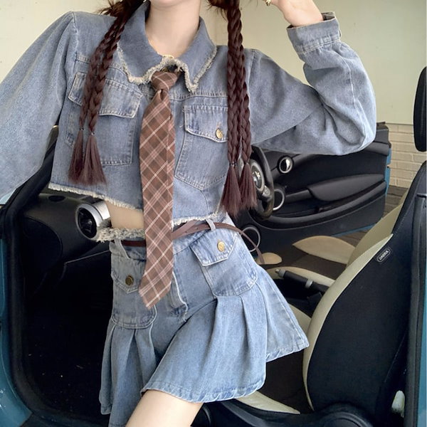 Qoo10] デニムジャケットプリーツスカート セット