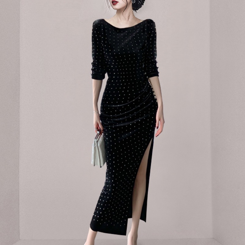 ワンピース デート 膝丈 ひざ丈 ミモレ ミモレ丈 袖あり スリム タイト 細身 スリット かわいい 大人可愛い きれいめ シンプル カジュアル 大人 上品 おしゃれ お洒落 主役級 存在感 春 秋