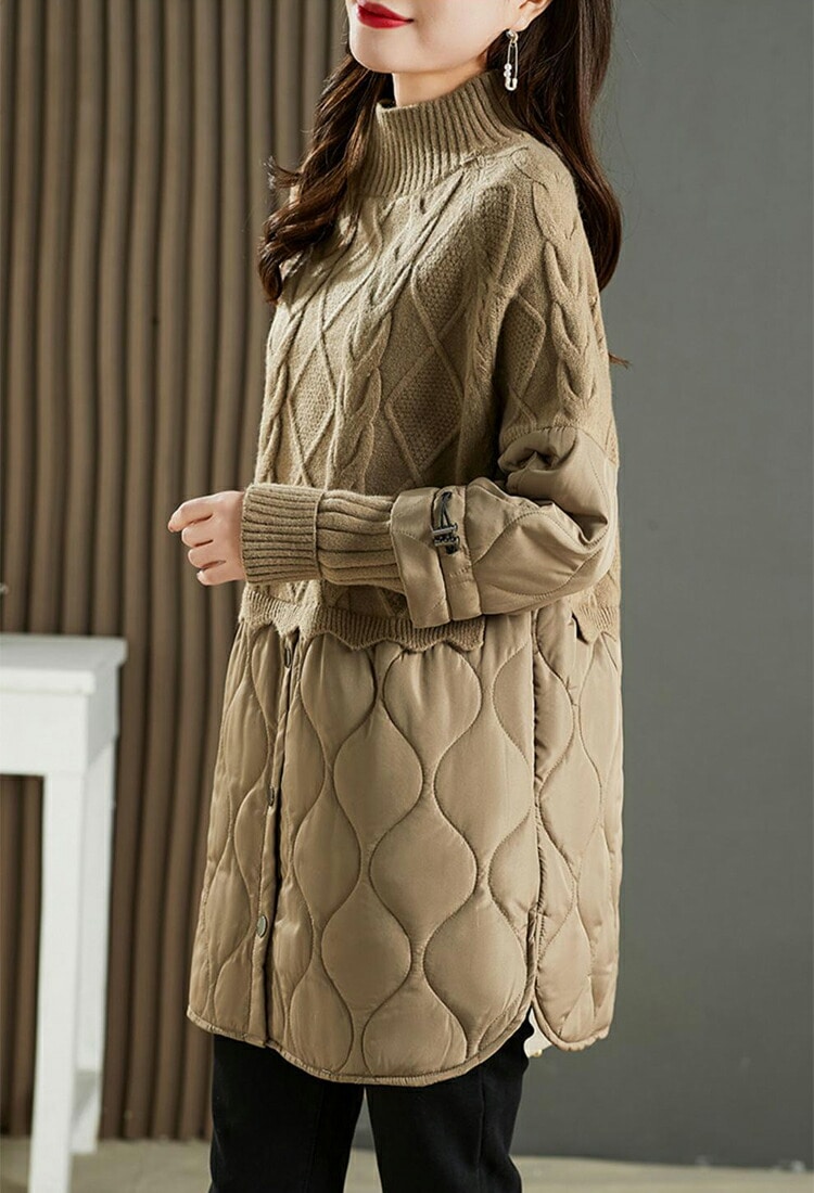 キルティング切替 ケーブル編み ニットセーター レディース 長袖 秋冬