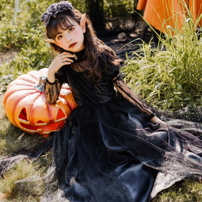 ハロウィン コスプレ キッズ　精霊　ハロウィン衣装 子供 キッズ 子供用 おばけ 幽霊 ゴースト コスプレ 子供服 ドレス かわいい　精霊衣装 パーティー イベント 姫系　全黒 スリラー hallow