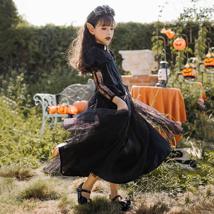 ハロウィン コスプレ キッズ　精霊　ハロウィン衣装 子供 キッズ 子供用 おばけ 幽霊 ゴースト コスプレ 子供服 ドレス かわいい　精霊衣装 パーティー イベント 姫系　全黒 スリラー hallow
