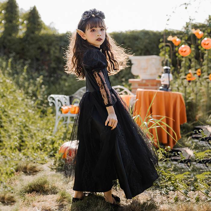 ハロウィン コスプレ キッズ　精霊　ハロウィン衣装 子供 キッズ 子供用 おばけ 幽霊 ゴースト コスプレ 子供服 ドレス かわいい　精霊衣装 パーティー イベント 姫系　全黒 スリラー hallow
